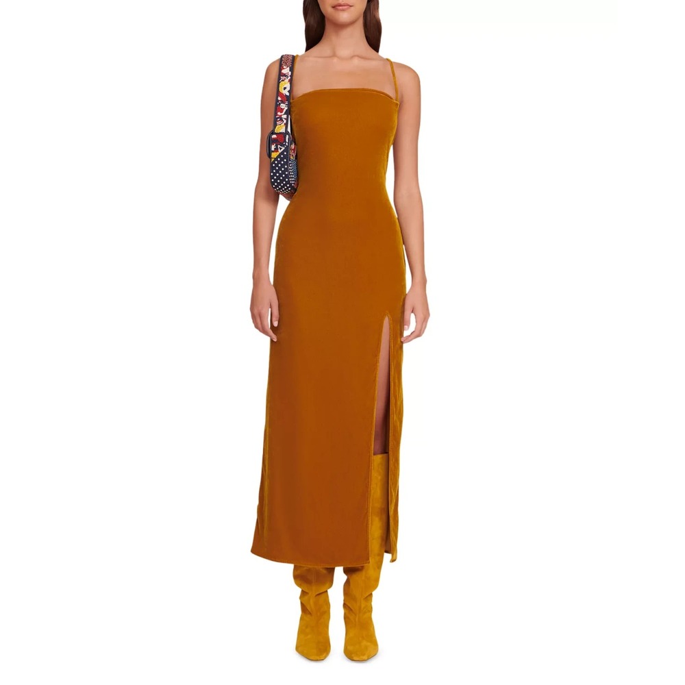 STAUD Bellamy Velvet Lace Up Dress OCHER Yellow Size XS $425‎